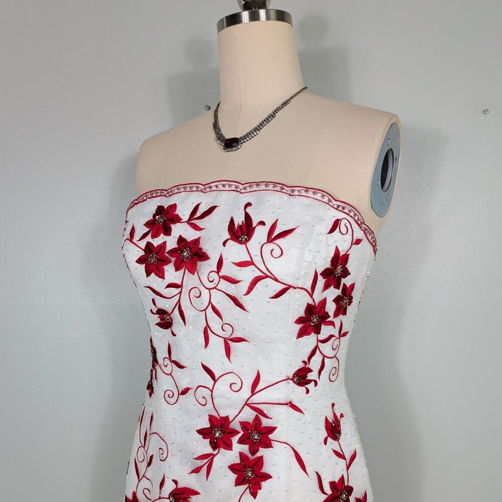 Vintage Cache Prom Dress Maxi Gown 10 White Red Floral Y2K Wedding Bride Glam - Picture 11 of 16